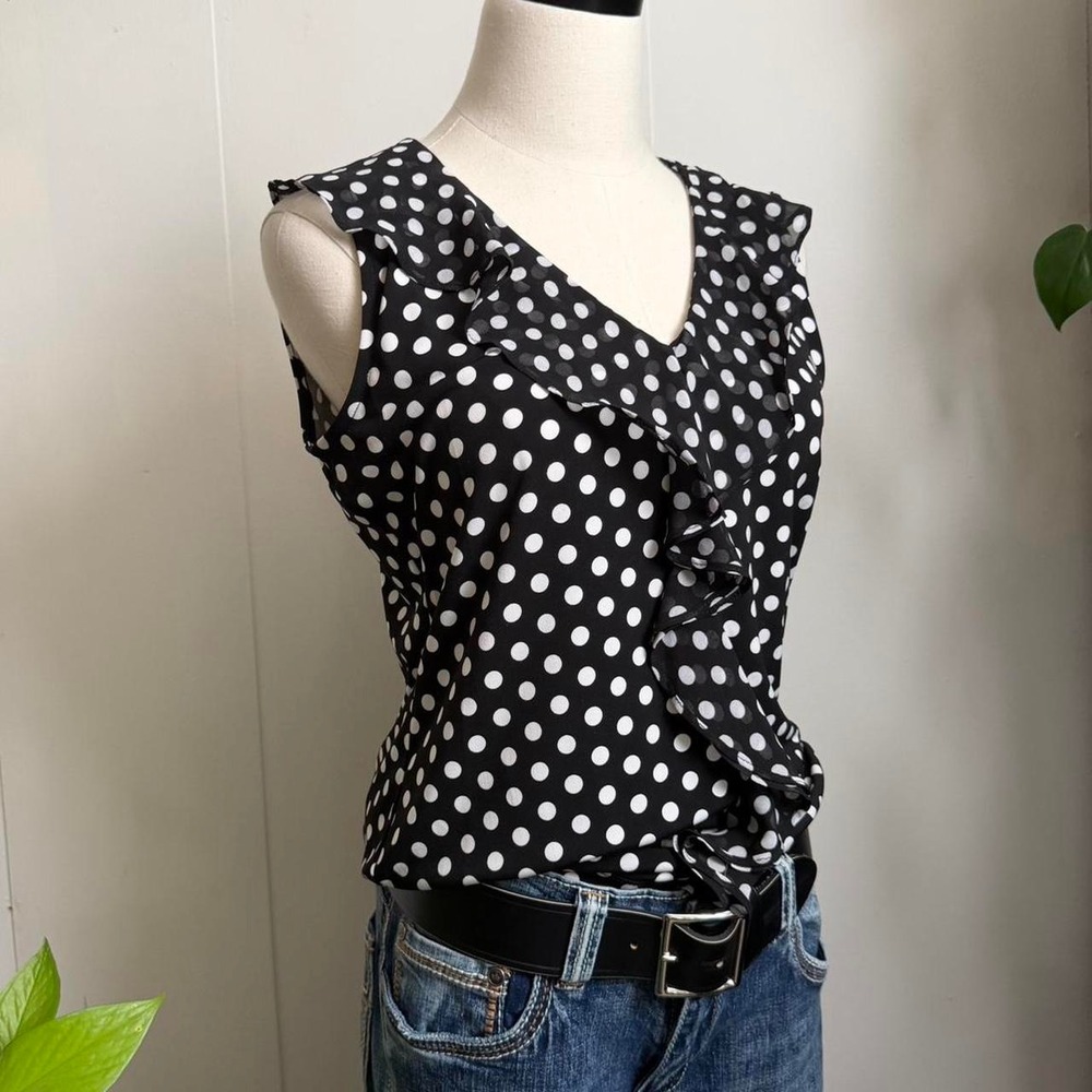 Calvin Klein Womens Black White Polkadot Ruffle V-Neck Tank Top Blouse Size 8